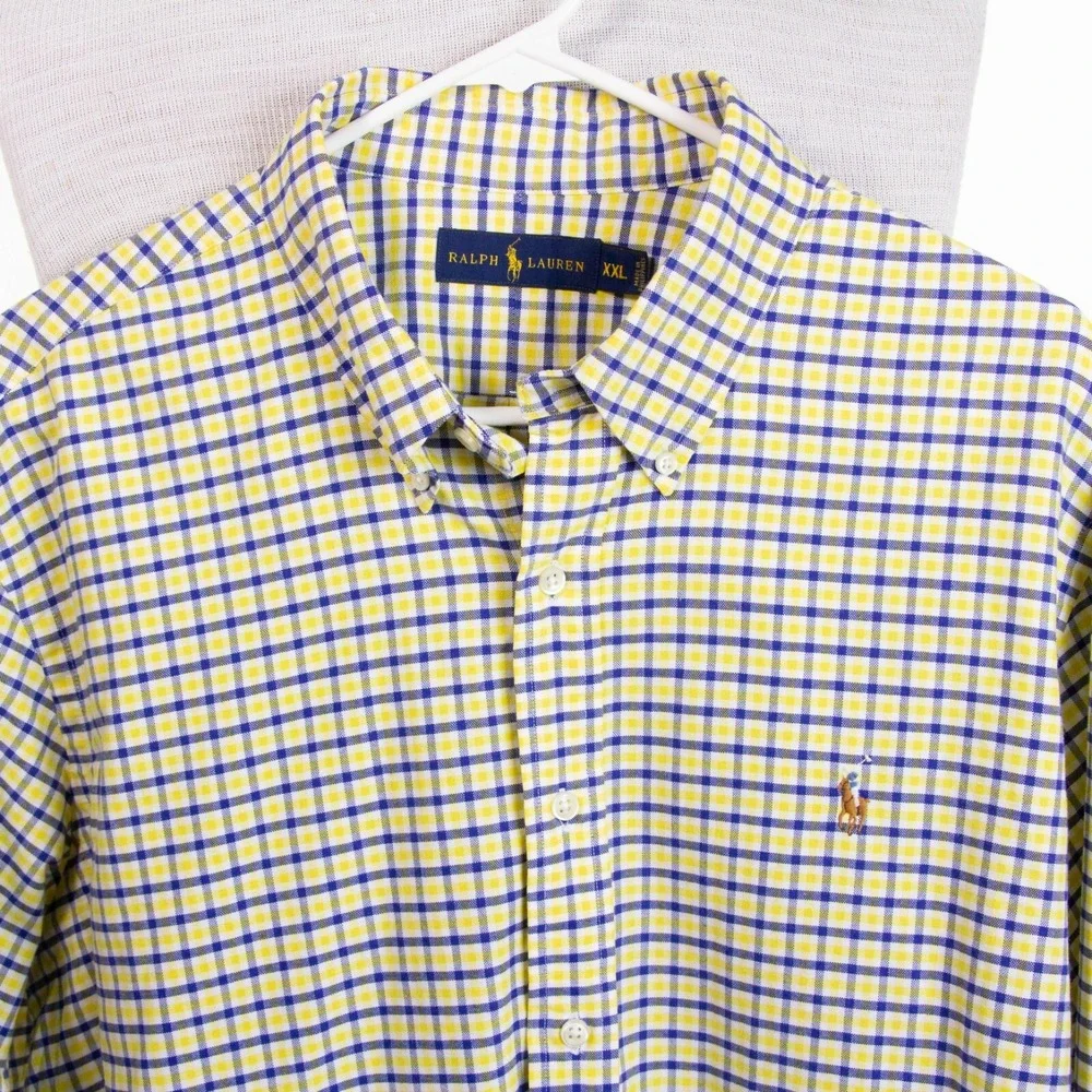 Polo Ralph Lauren Mens 2XL Blue‎ Yellow Check Logo LS Button Front Shirt